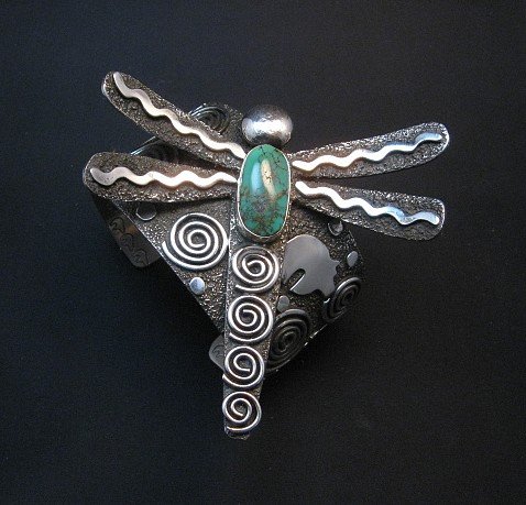 Image 0 of Alex Sanchez Navajo Turquoise Dragonfly Petroglyph Bracelet - One of a Kind
