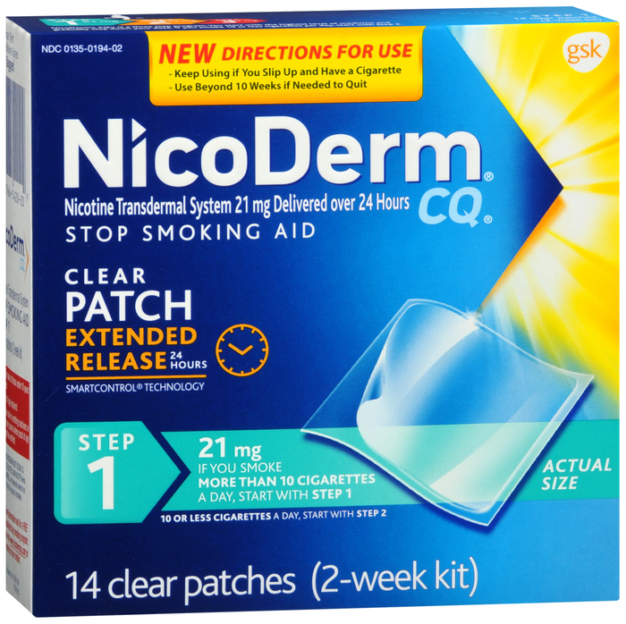 NicoDerm CQ Nicotine Patches 21mg Step 1 Clear Patches 14ct