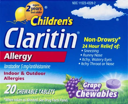 Item No. OTC227759, 227759 Claritin Children's 24HR 5mg Grape Chewable Tablets 30ct By Bayer Corp/Cons Health NDC No.: 41100-0809-55 41100-809-55 4110080955 41100080955 UPC No.: 0-41100-80955-1 041100