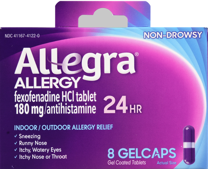 Allegra OTC 24Hr 180mg Gelcap 8 Count Item No. OTC351705, 351705 Allegra OTC 24Hr 180mg Gelcap 8 Count By Chattem Drug & Chem CoItem No.:351705 OTC351705 NDC No.: UPC No.: 041167412206 0-41167-41220-6