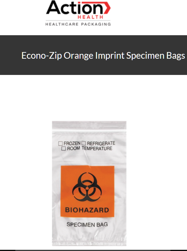 Econo-Zip Orange Imprint Specimen Bags One Case Of 1000 Specimen Transport 4W X