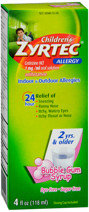 Zyrtec Childrens Allergy Bubble Gum Syrup, Sugar and Dye Free For 2+ Years - 4 oz By J&J Consumer USA 