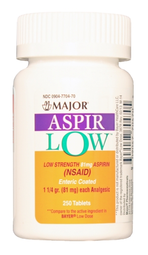 Aspir-Low 81mg mg Tab 250 By Major Pharma Generic Bayer. Item No.:516500 NDC No.: 00904770470 00904-7704-70 UPC No.: 309047704705 Item Description: Gnrc Pain Relief Other Name:Aspir-Low Therapeutic Co