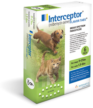 Interceptor (Green) Canine 11-25# Feline 1.5-6# 5.75mg - 10 X6-Dose Bx10 By Ela