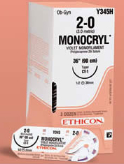 Suture #2-0 Monocryl (Fs-1) 3/8 Circle Rev Cut 24mm / 36 Violet B12 By Ethicon(
