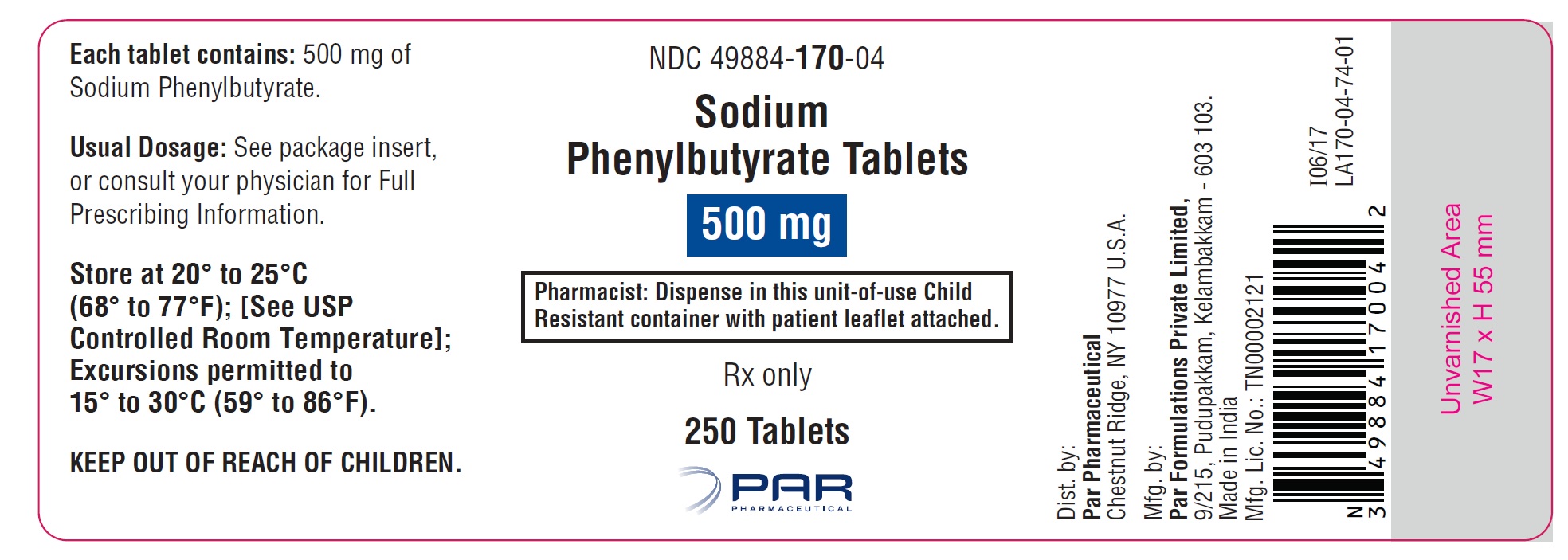 Rx Item-Sodium Phenylbutyrate  Generic Buphenyl 500mg Tab 250 by Par Pharma