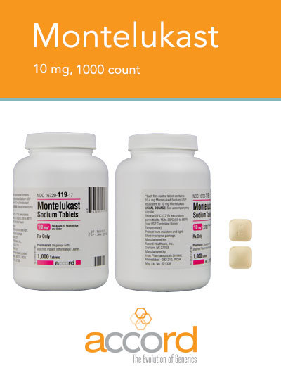 Montelukast Gen Singulair 10mg Tab 1000 by Accord Pharma item No.:RX16729011917/H NDC No.16729011917 UPC No.:316729119177 NDC No. 16729-0119-17 UPC/GTIN No. 3-16729-11917-7 MPN 11917