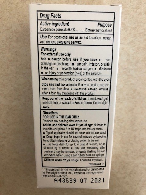 Eardrops Gen Debrox Carbamide Peroxide 6% Wax Removal Aid Drops - 0.5 Fl oz by Major Pharma Item No.:615075 615075 NDC No.: 00904-6627-35 0904-6627-35 0904662735 00904662735 UPC No.: 3-09046-62735-