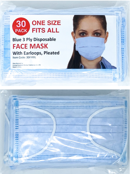 Face Mask, Pleated, Disposable, 3 Ply, Blue, Earloops (30ct)