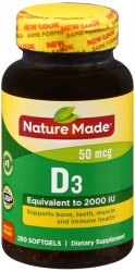 Case of 12-Nature Made Vitamin D-3 2000 IU Softgel 250 Count By Ph