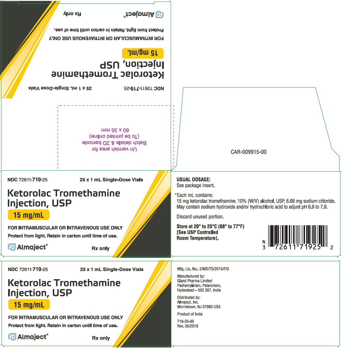 Rx Item-Ketorolac Tromethamine 15MG 25X1 ML Single Dose Vial by Almaject Pharma USA Gen Toradol