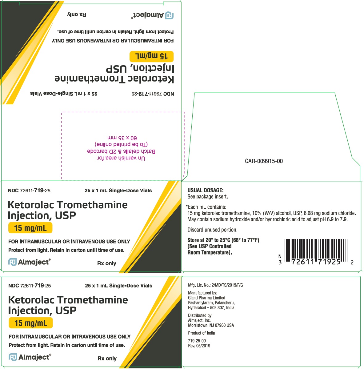 Rx Item-Ketorolac Tro 15MG 25X1 ML SDV by Almaject Pharma USA Gen Toraadol 