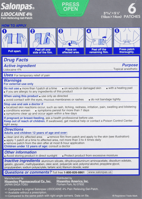 Salonpas Lidocaine Pain Relieving Gel Patch 4 6 Patches By Emerson