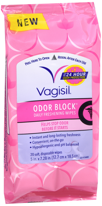 Case of 24-Vagisil Odor Block Wipes 20 By Combe USA 