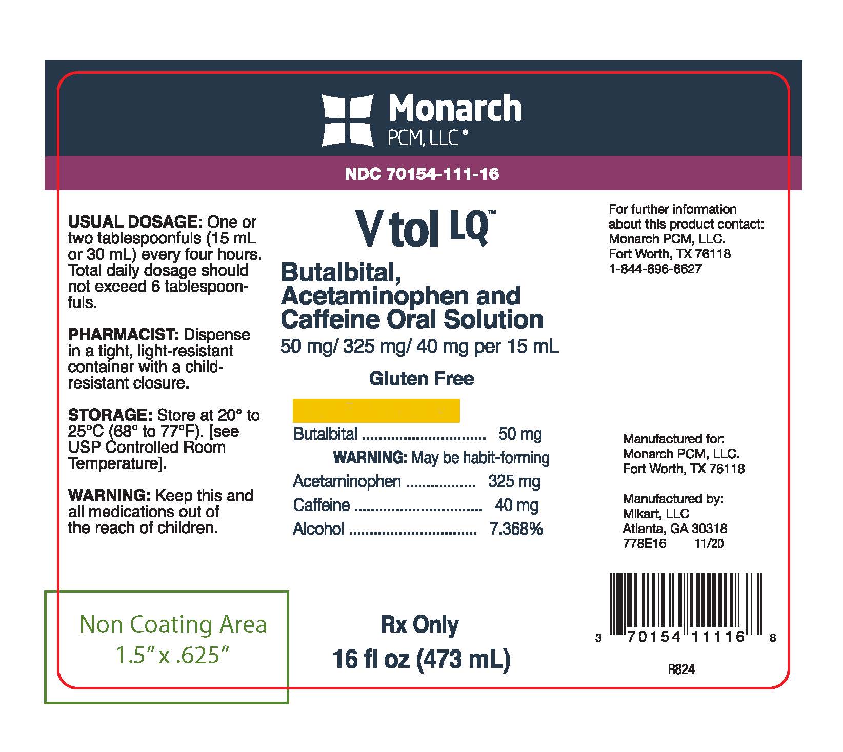 Rx Item-VTOL LQ 50-325-40 MG-15 ML SOL 473 ML BY MONARCH PCM