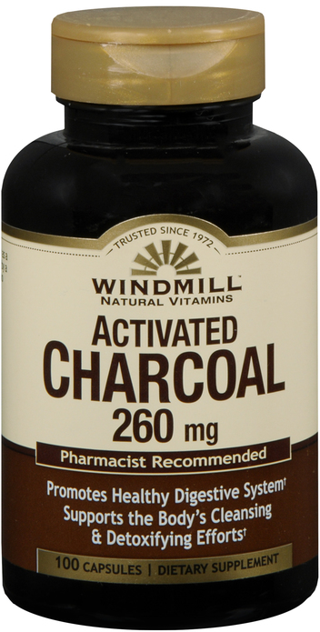 Pack of 12-Activated Charcoal 260 mg Capsule 100 By Windmill Health Products USA