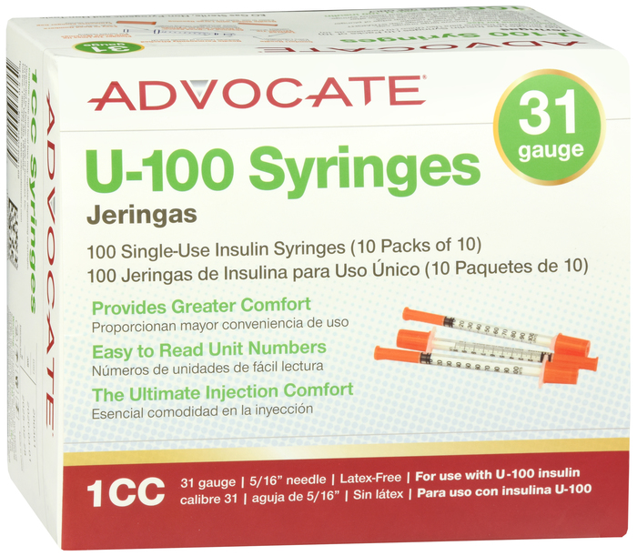 Advocate Insulin Syringe 31g1cc 5/16 short needle 100 By Pharma Supply USA 