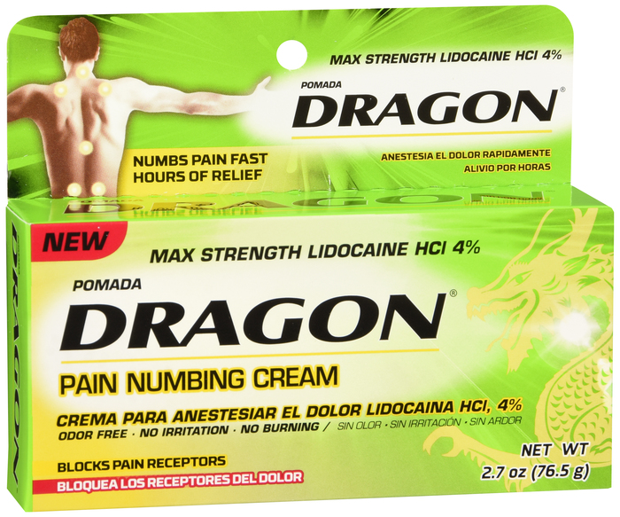 Pack of 12-Dragon Pain Relief Lidocaine 4% Cream 2.7 oz By Genomma Lab USA 