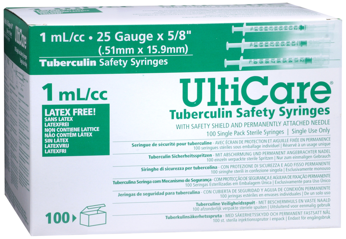 UltiCare Tuberculin Safety Syringes 5/8 25Gx1mL 100ct  By Ultimed USA 