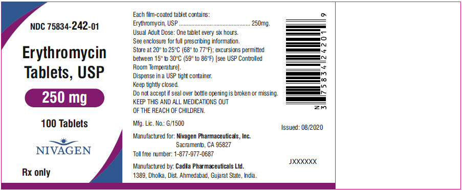 Rx Item-Erythromycin 250 Mg Tab 100 By Nivagen Pharmaceuticals USA 