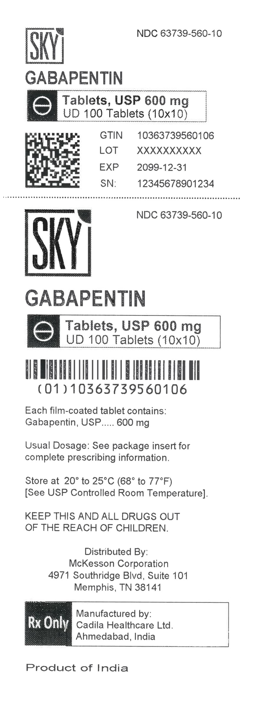Rx Item-Gabapentin 600 Mg Tab 100 By Mckesson UD Gen Neurontin