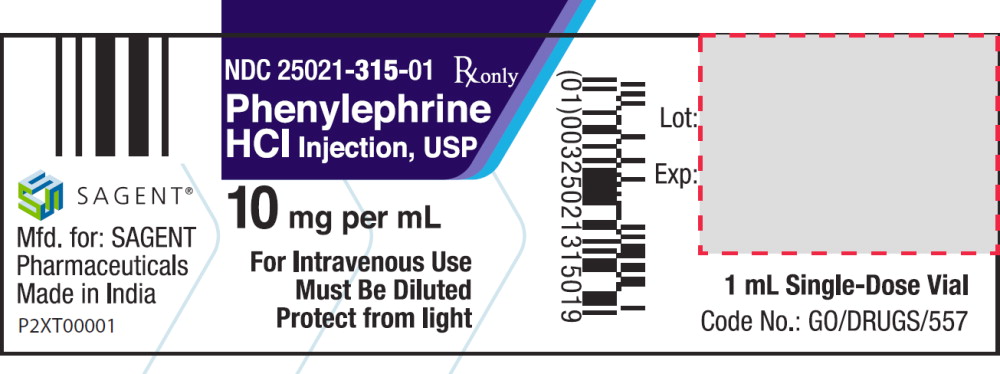 Rx Item-Phenylephrine 10 Mg/Ml Vl 25X1 By Sagent Pharmaceuticals USA 