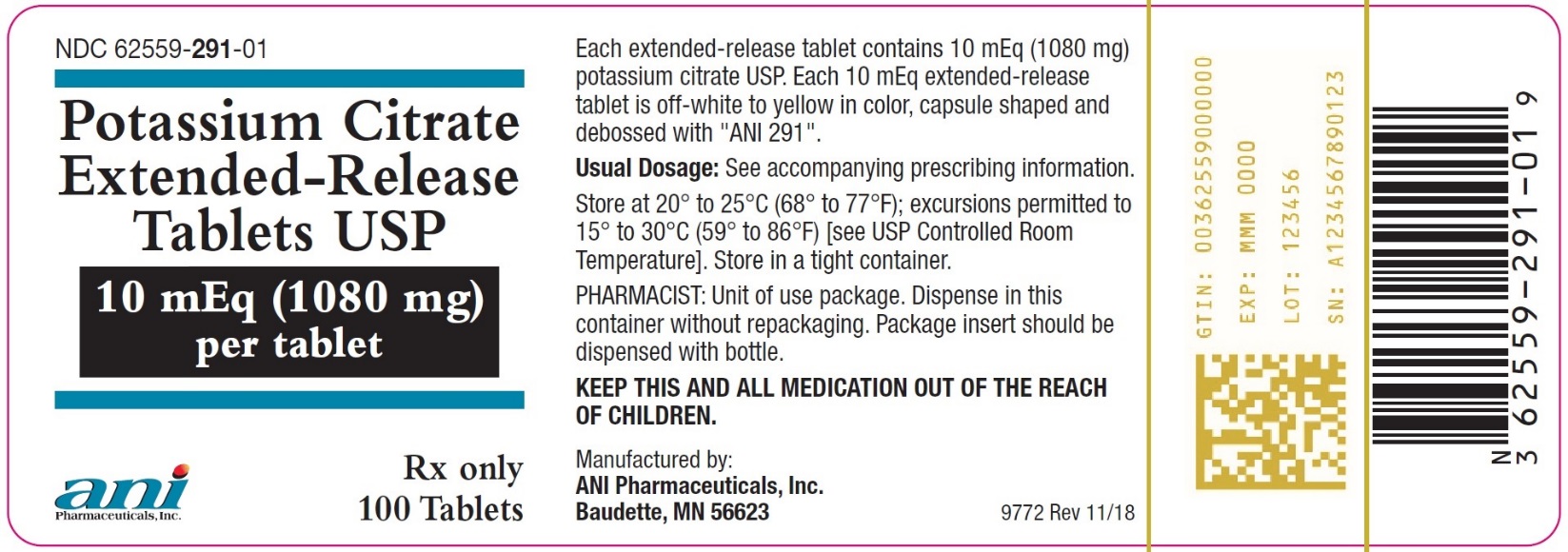 Rx Item-Potassium Citrate 10 Meq Tab 100 By Ani Pharmaceuticals USA 