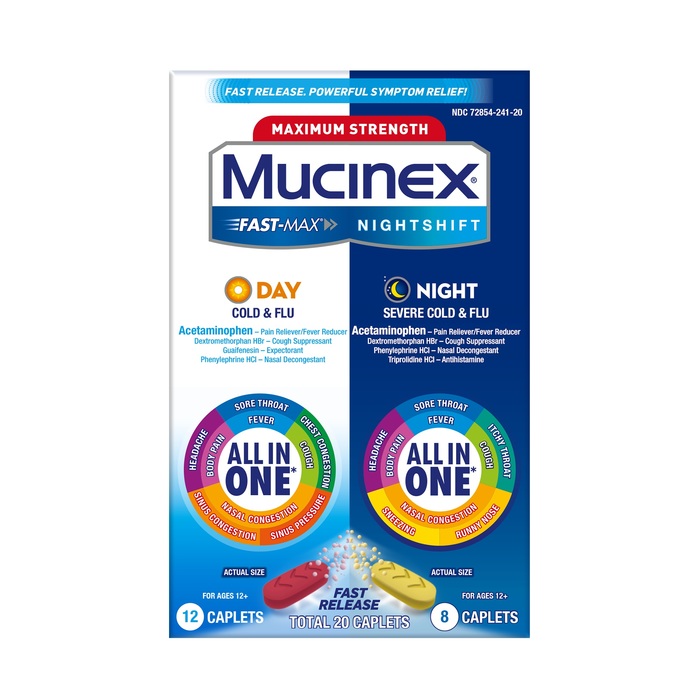 Case of 144--Mucinex Fast Max Day/Night Cold-FLu 20 Caplets  By Rb Health  USA 