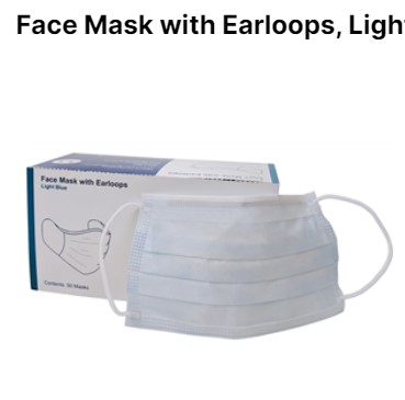 Face Mask with Earloops, Light Blue Box of 50 by Amerisource