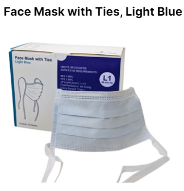 Face Mask with Ties, Light Blue Box of 50 by Amerisource
