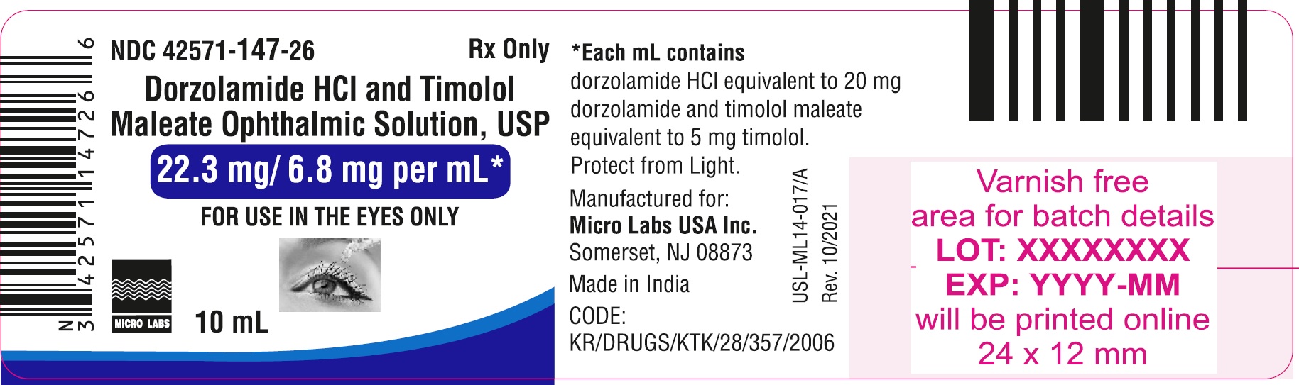 Rx Item:Dorzolamide-Timolol 22.3-6.8MG 10ML O/S by Micro Labs (Ckp) USA