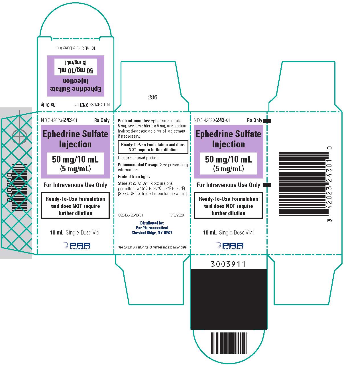 Rx Item:Ephedrine Sulfate 50MG 10ML SDV by Par Sterile Products USA