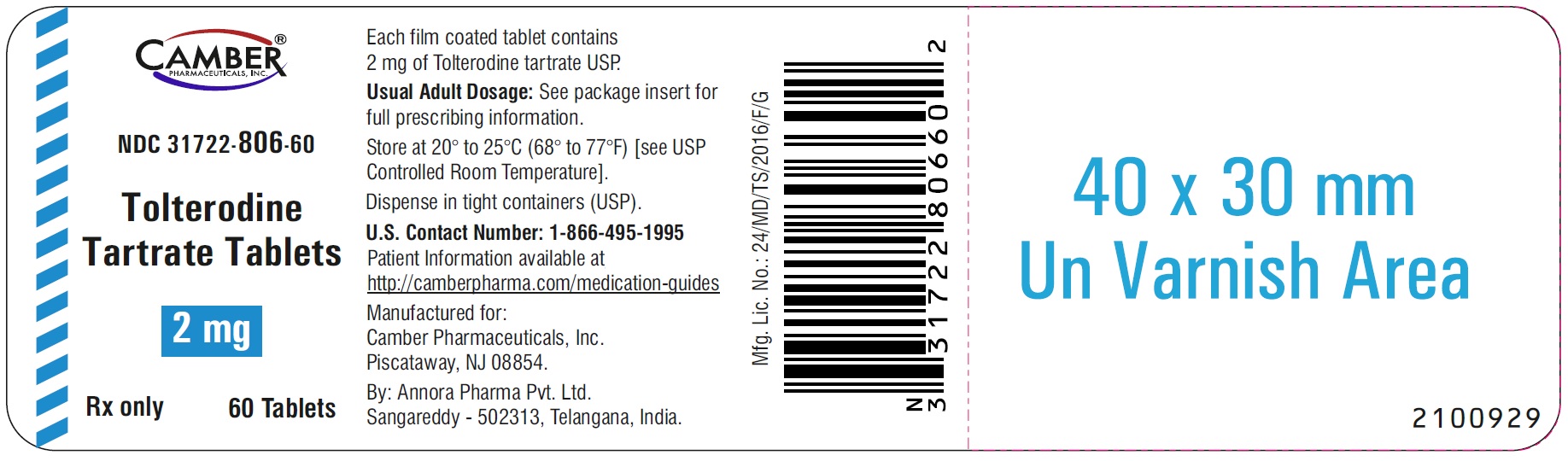 Rx Item:Tolterodine 2MG 60 TAB by Camber Pharma USA Gen Detrol