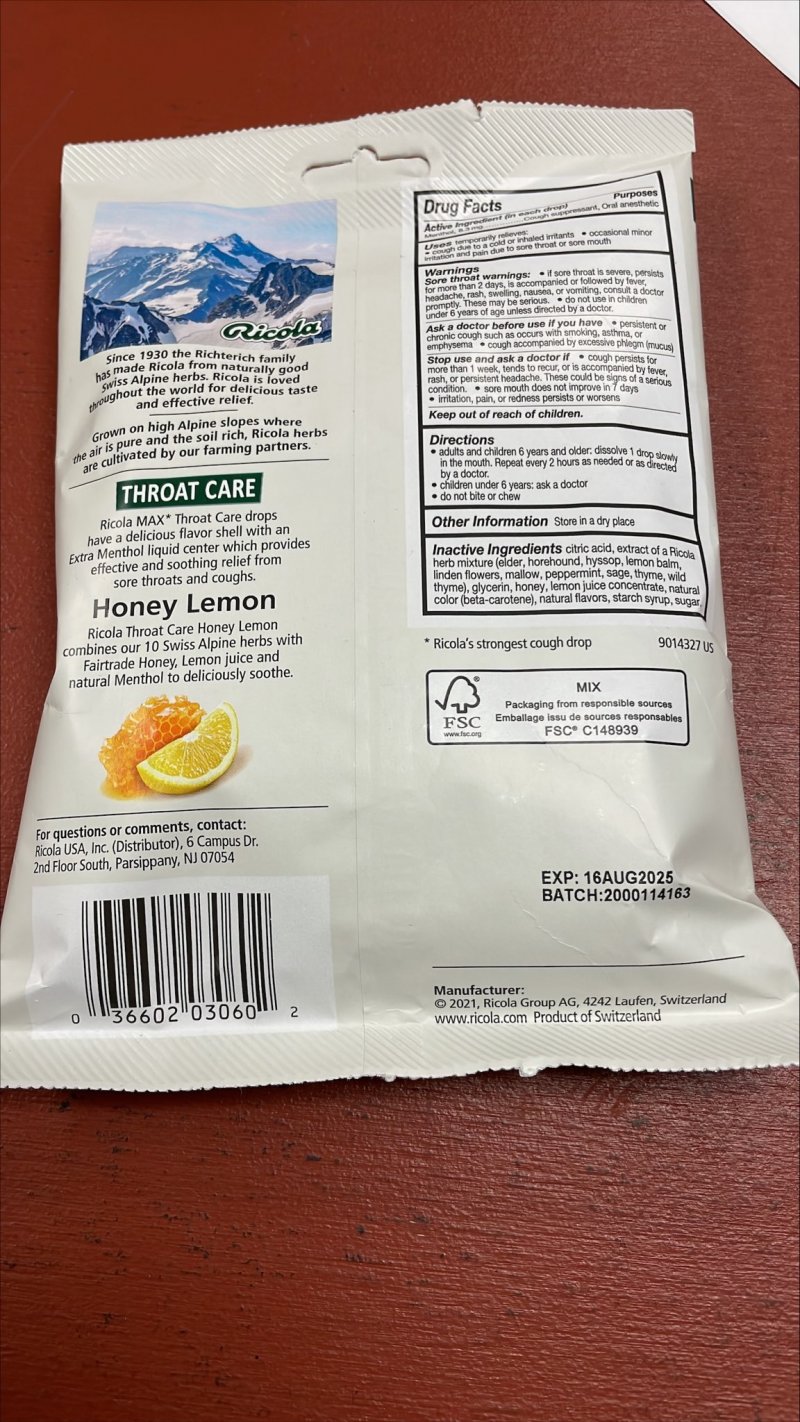 Ricola Max Throat Care Honey Lemon Cough Drops 34 count