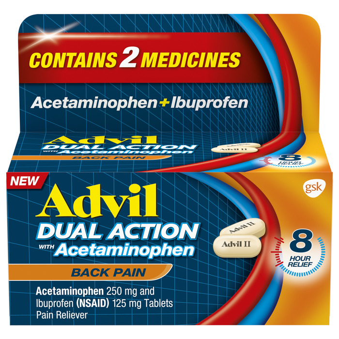 Advil Ibuprofen Dual Action with Acetaminophen Back Pain 72 Caplets