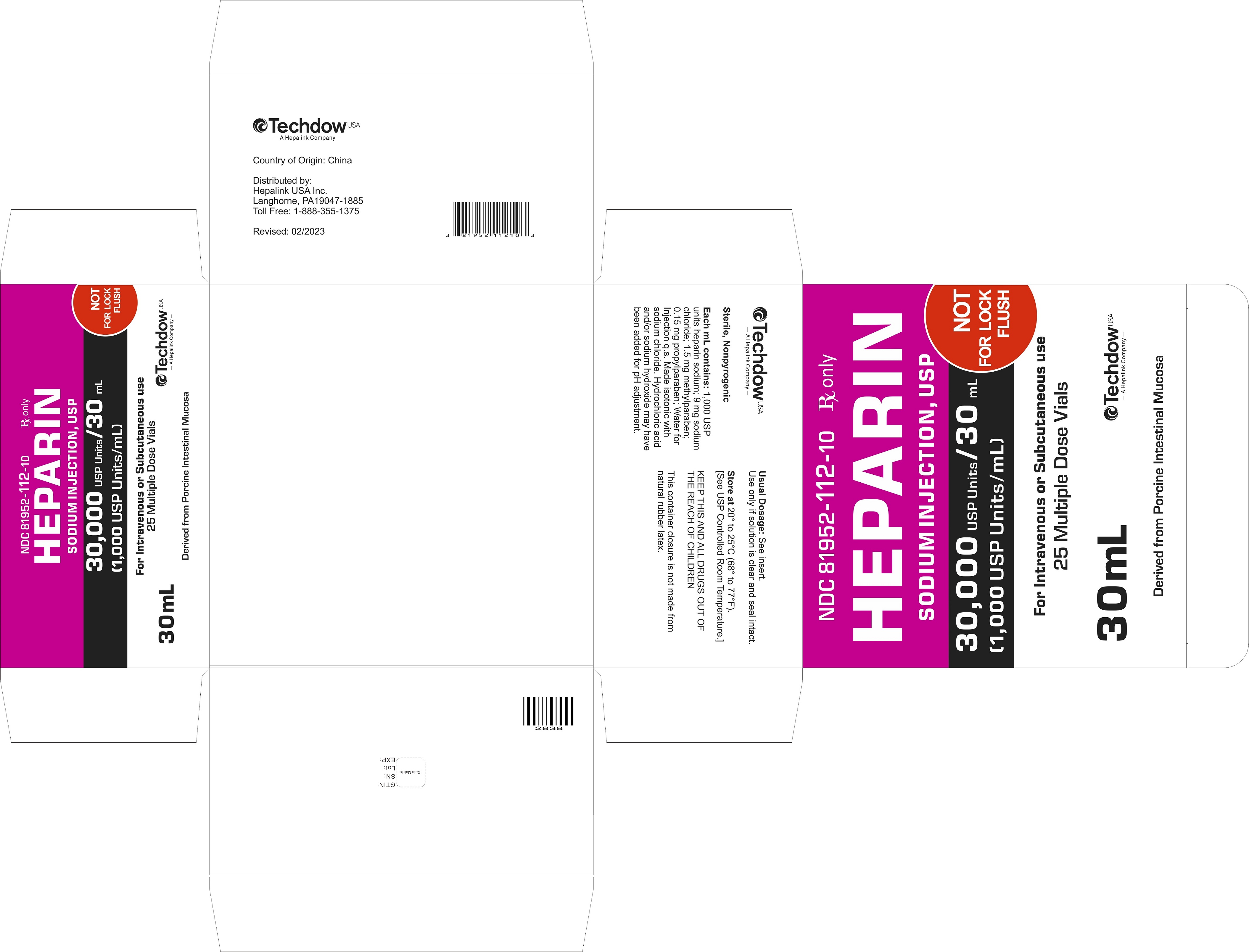 Rx Item-Heparin 1000/ml Vial 25X30ml By Hepalink Pharma 30,000U/30ML 