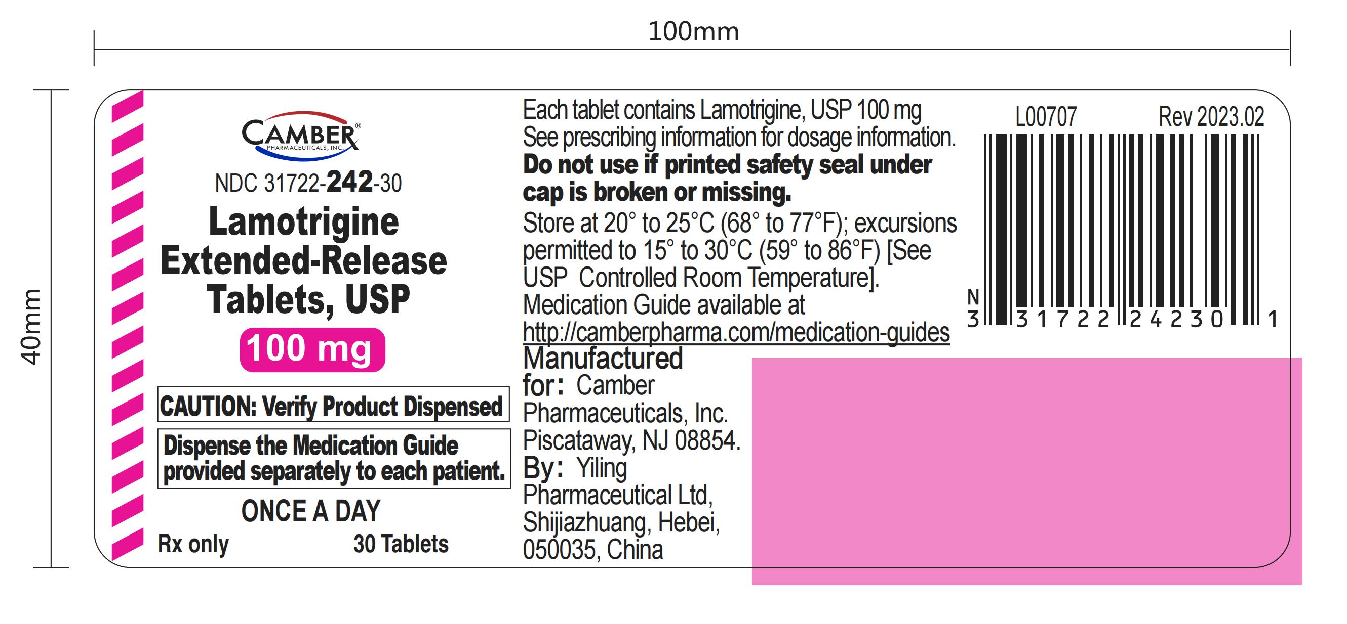 Rx Item:Lamotrigine 100MG ER 30 TAB by Camber  Gen Lamictal XR Exp 7/31/24