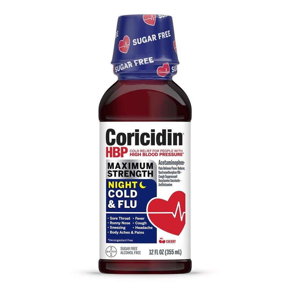 Coricidin HBP Nighttime Cold & Flu Sugar Free Liquid 12oz By Bayer 