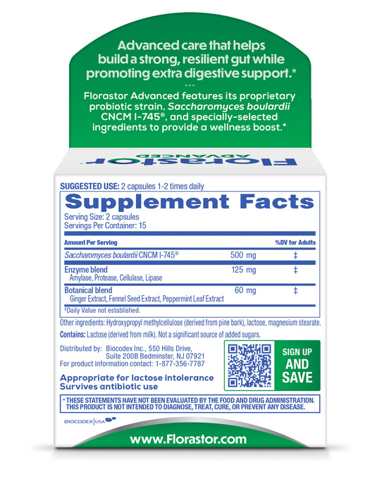 Florastor Advanced Gas & Bloat Probiotic&Digestive By Biocodex Pharma Labs USA 