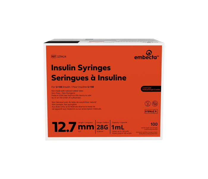Embecta Insulin System Embecta Insulin Syringes 1mL 28Gx12.7mm 2 Unit Scale 100ct BY EMBECTA ...