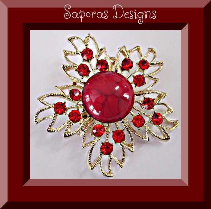 Image 0 of Gold Tone Flower Design Brooch With Red Bead & Red Crystals