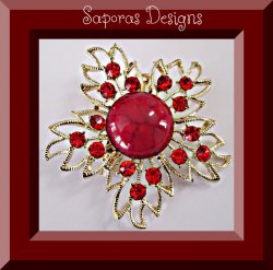 Gold Tone Flower Design Brooch With Red Bead & Red Crystals