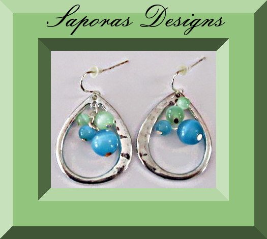 Image 0 of Silver Tone Tear Drop Design Earrings With Blue & Green Beads