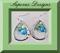 Silver Tone Tear Drop Design Earrings With Blue & Green Beads