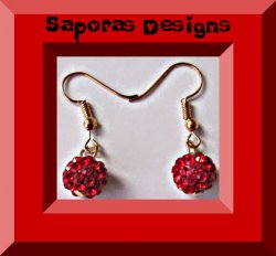 Gold Tone Dangle Earrings With Red Ball Round Circle Designs
