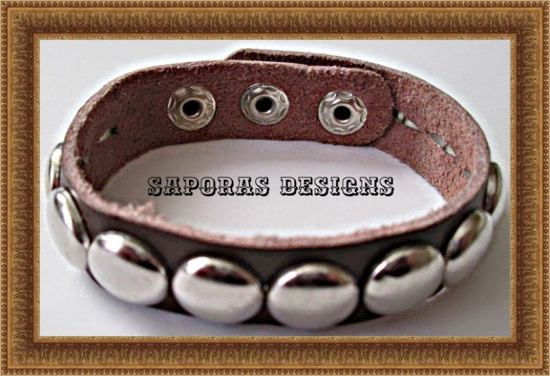 Image 0 of Real Brown Leather Bracelet With Silver Tone Buttons Western Style
