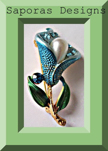 Image 0 of Colorful Flower Design Brooch With Blue Crystals & White Faux Pearl