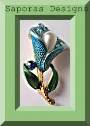 Colorful Flower Design Brooch With Blue Crystals & White Faux Pearl