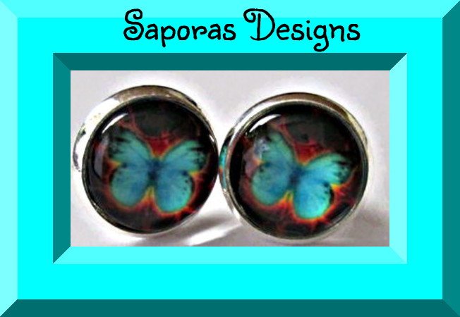 Image 0 of Silver Tone Turquoise Butterfly Stud Earrings 
