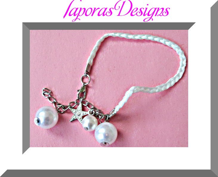 Image 0 of Handmade White Braided Rope Bracelet With White Beads & Star